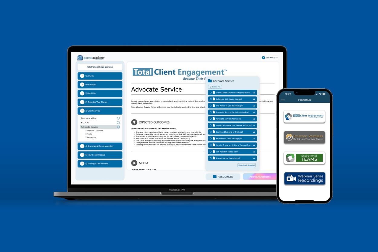 The Pareto Academy screen views